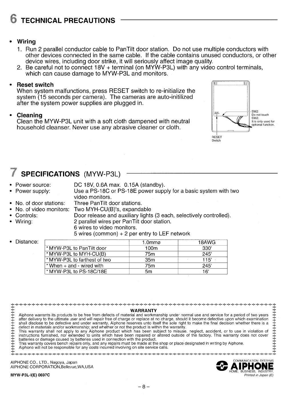 Aiphone MYW-P3L manual 