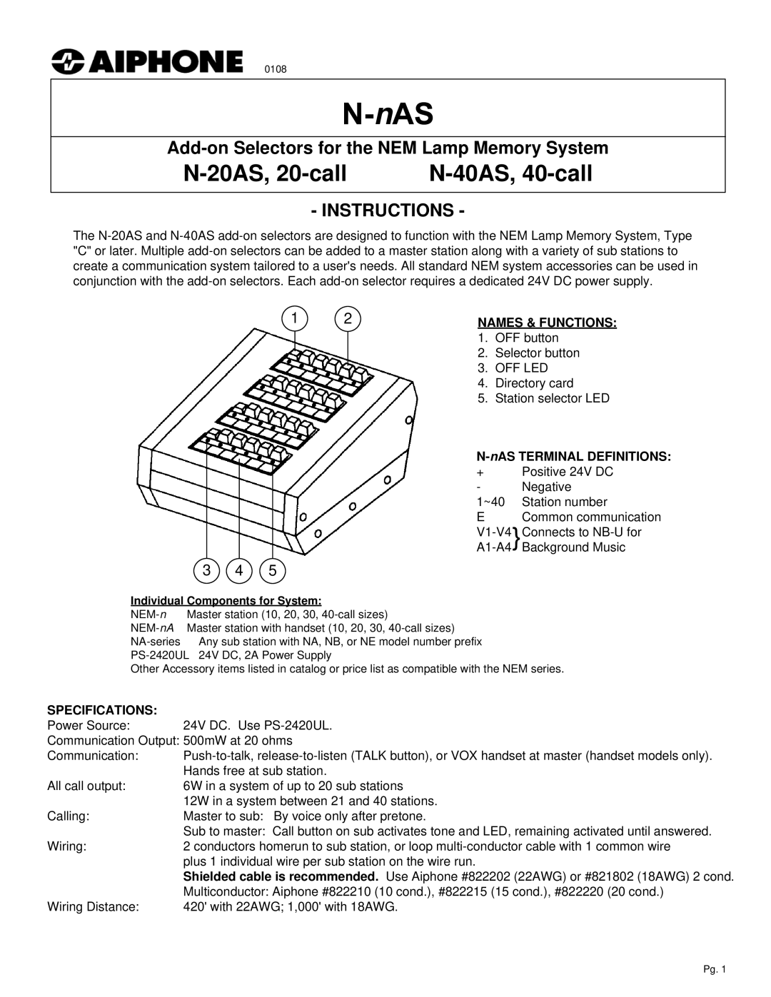 Aiphone N-20AS, N-40AS specifications Names & Functions, Off Led, NAS Terminal Definitions, Specifications 