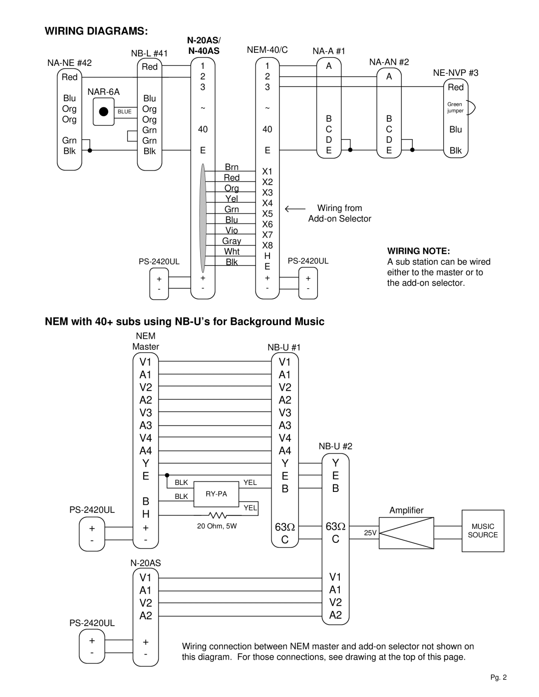 Aiphone N-40AS, N-20AS specifications Wiring Diagrams, Wiring Note 