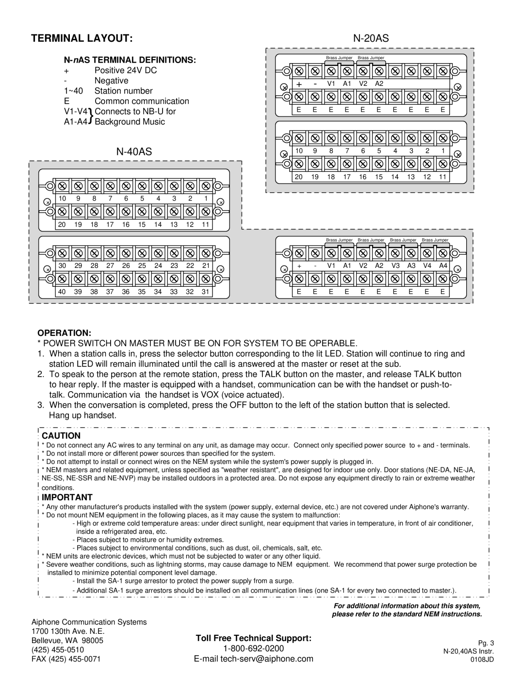 Aiphone N-20AS, N-40AS Terminal Layout, Operation, Power Switch on Master Must be on for System to be Operable 