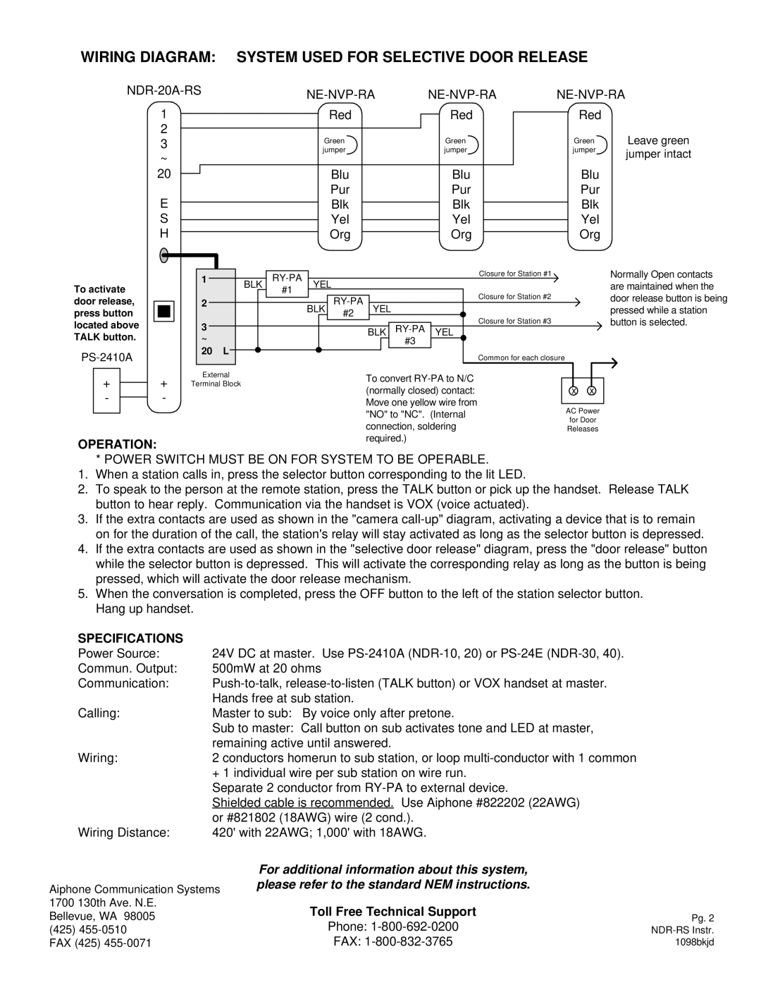 Aiphone NDR-40ARS Wiring Diagram System Used for Selective Door Release, NDR-20A-RS NE-NVP-RA, Operation, Specifications 