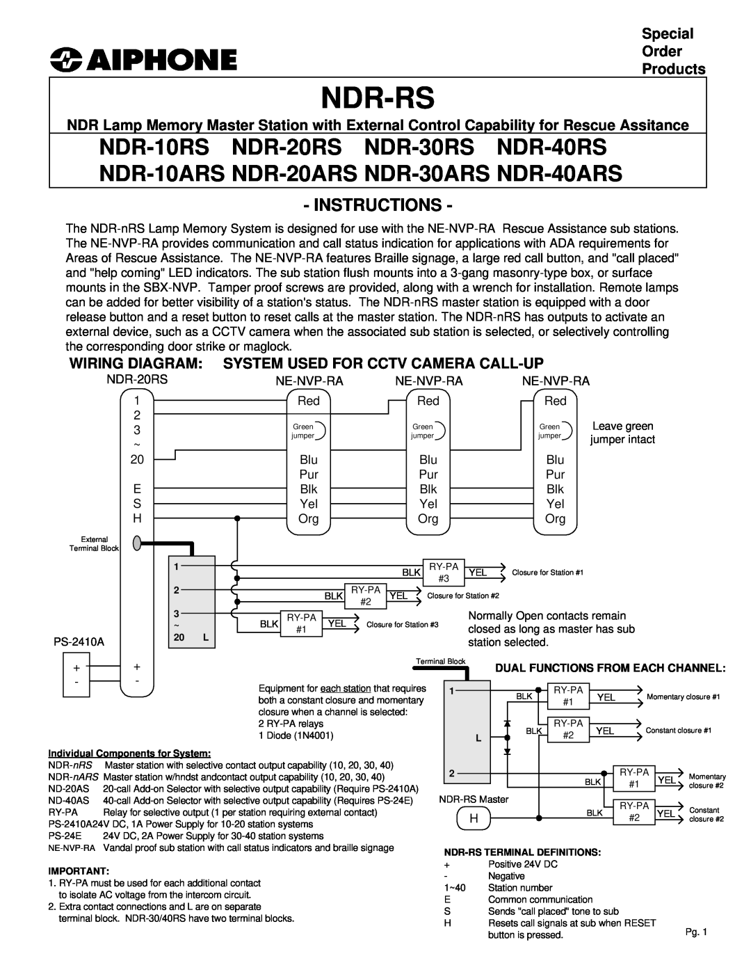 Aiphone NDR-20ARS manual Special Order Products, Wiring Diagram System Used For Cctv Camera Call-Up, Ndr-Rs, Instructions 