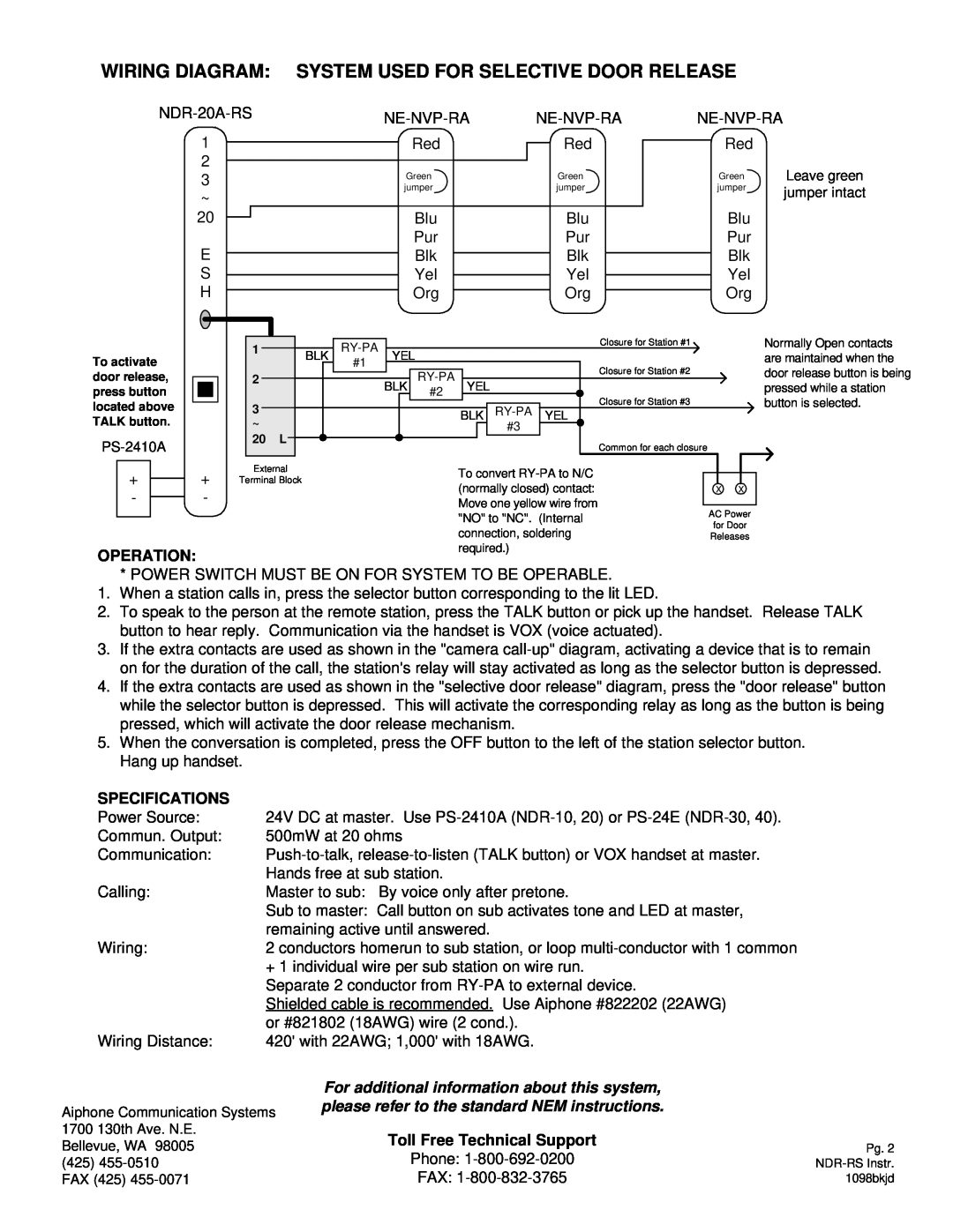 Aiphone NDR-40ARS, ND-20AS, NDR-20ARS manual Wiring Diagram System Used For Selective Door Release, Operation, Specifications 