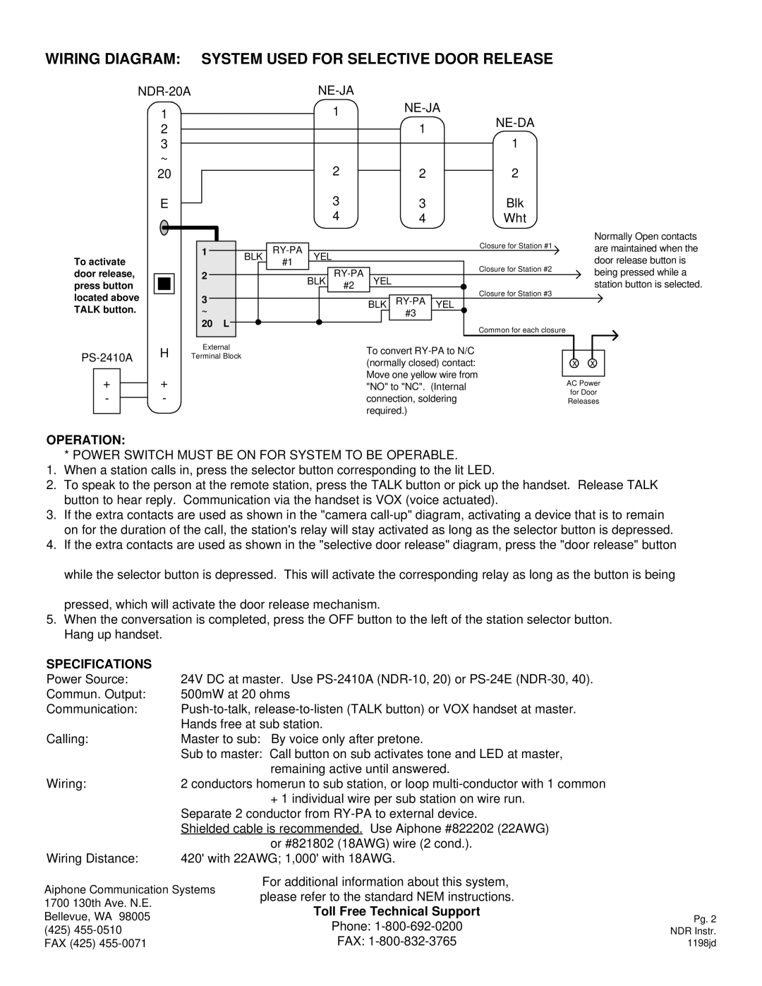 Aiphone NDR-20A, NDR-10A Wiring Diagram System Used for Selective Door Release, Ne-Ja Ne-Da, Operation, Specifications 