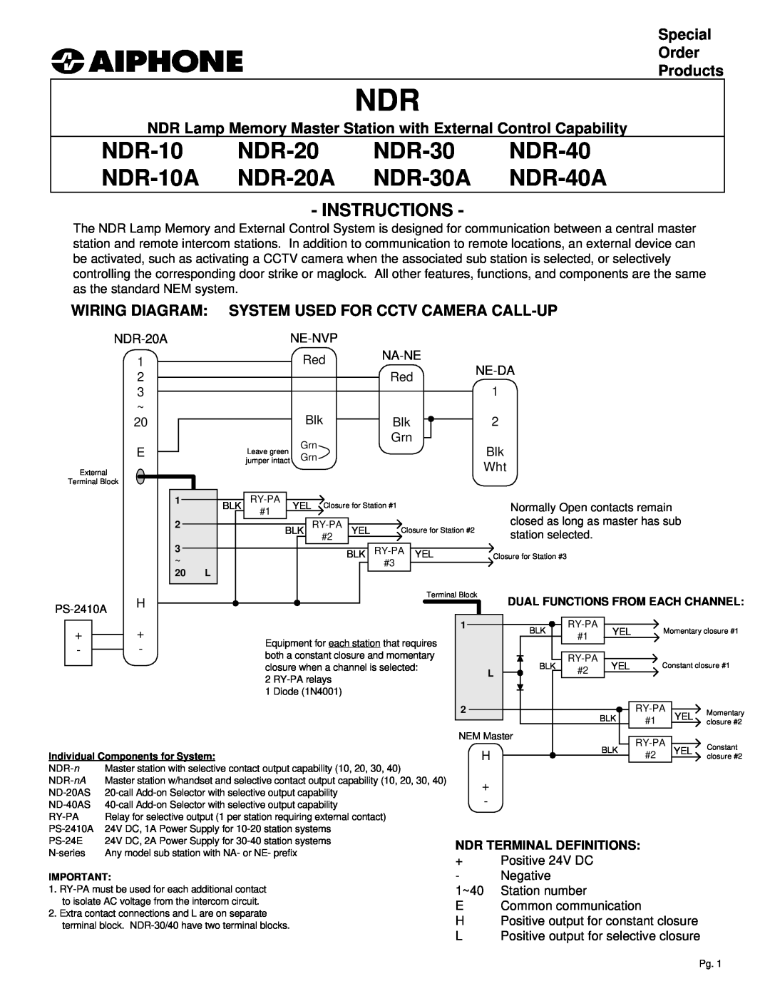 Aiphone manual NDR-10 NDR-20 NDR-30 NDR-40, NDR-10A NDR-20A NDR-30A NDR-40A, Instructions 