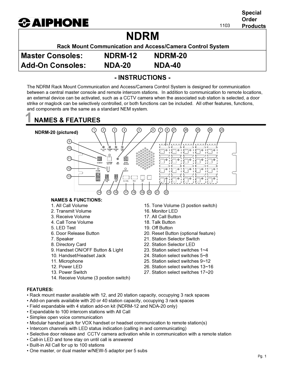 Aiphone manual Instructions, Names & Features, NDRM-20 pictured, Names & Functions 