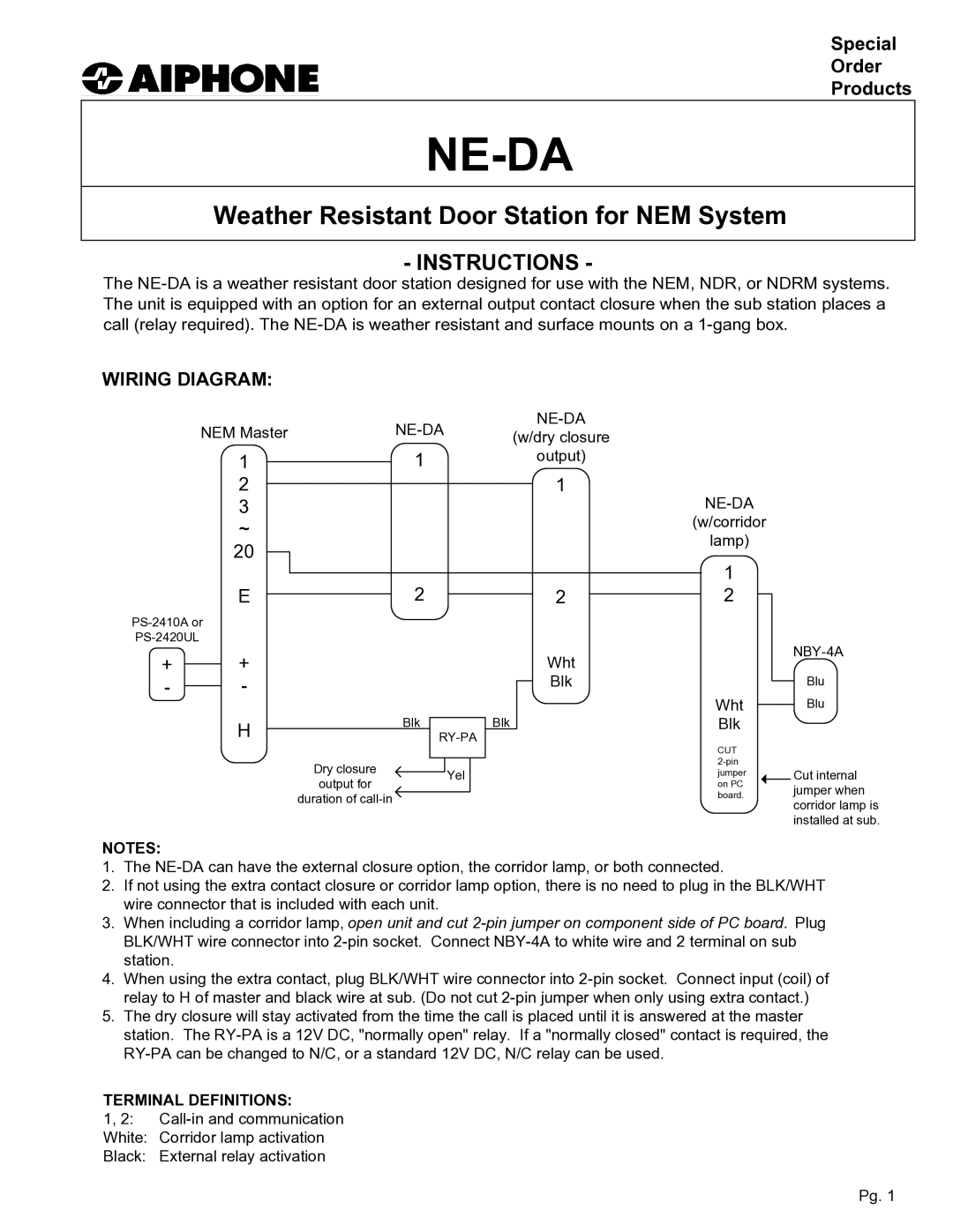 Aiphone NE-DA manual Ne-Da, Weather Resistant Door Station for NEM System, Instructions, Wiring Diagram 