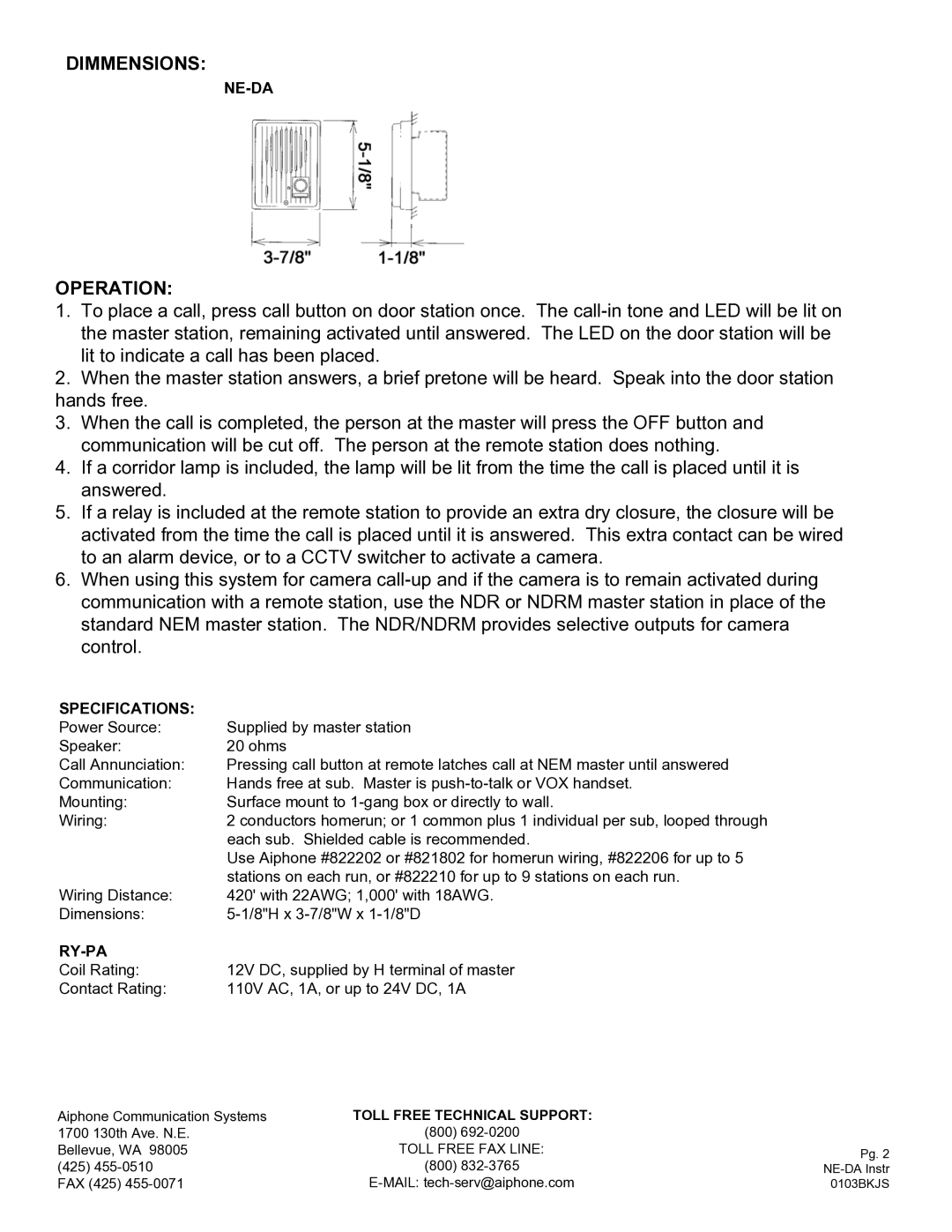 Aiphone NE-DA manual Dimmensions, Operation, Ne-Da, Specifications, Ry-Pa 