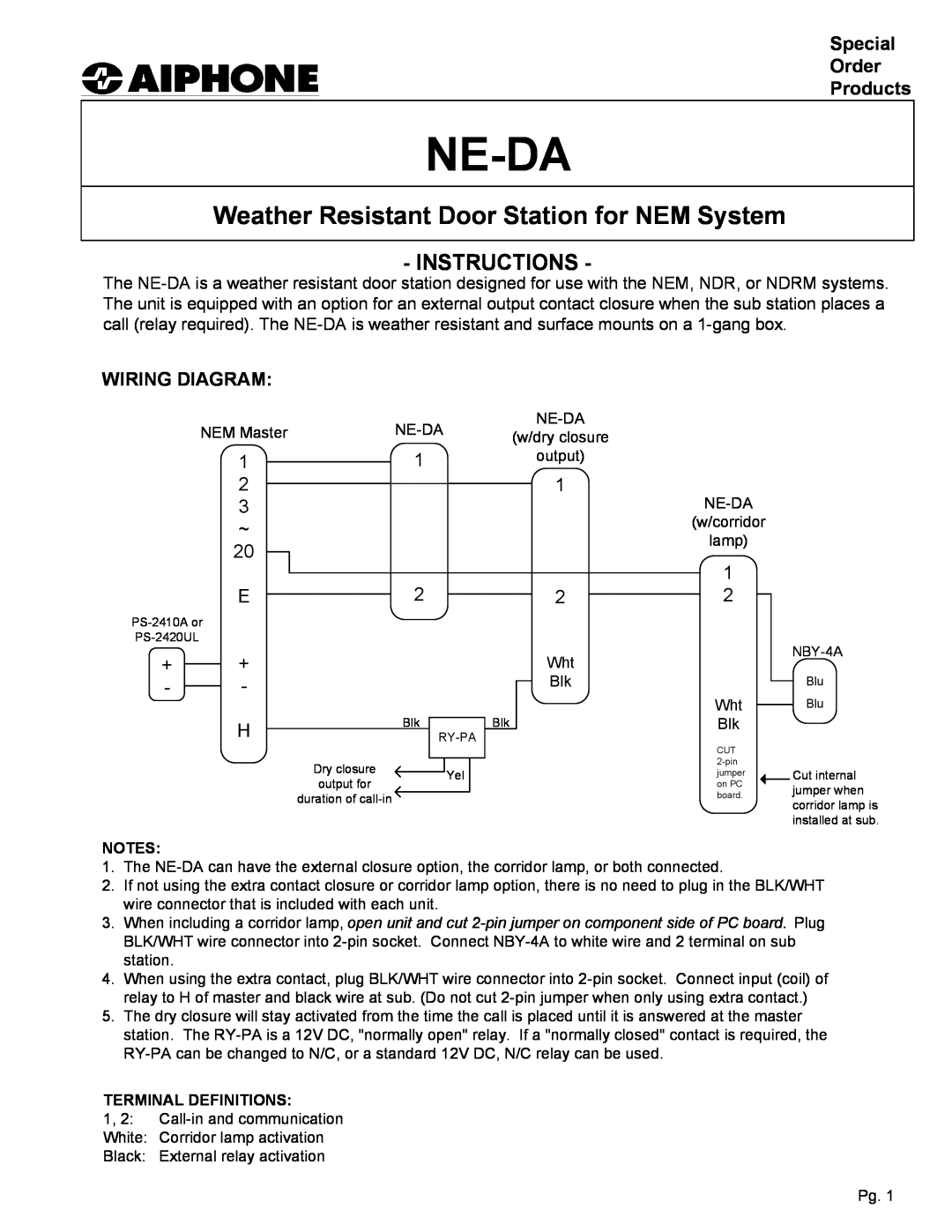 Aiphone NE-DA manual Special Order Products, Wiring Diagram, Ne-Da, Weather Resistant Door Station for NEM System 