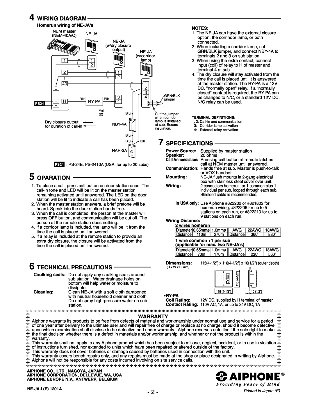 Aiphone NE-JA operation manual Wiring Diagram, Specifications, Oparation, Technical Precautions, Warranty 