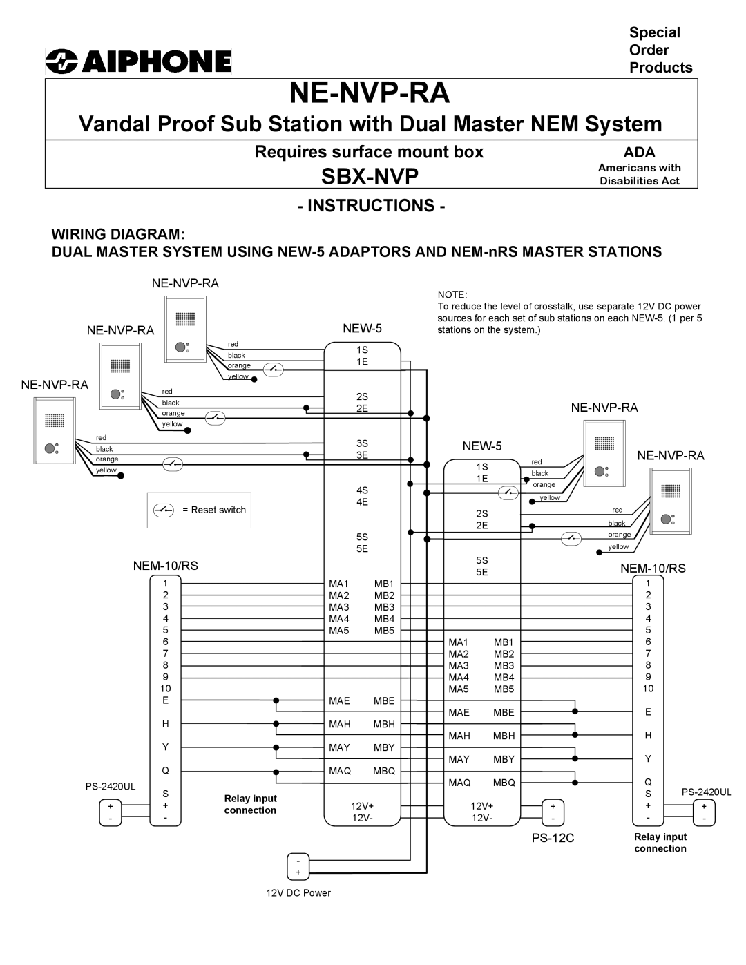 Aiphone NE-NVP-RA manual Ne-Nvp-Ra, Sbx-Nvp, Instructions, Wiring Diagram 