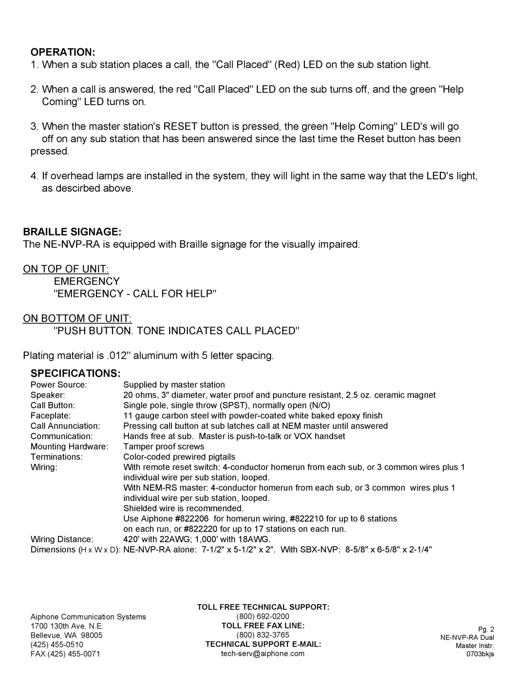 Aiphone NE-NVP-RA manual Operation, Braille Signage, Specifications 