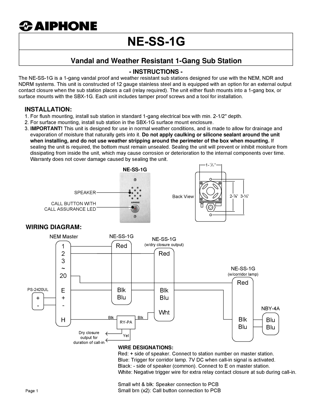 Aiphone NE-SS-1G warranty Vandal and Weather Resistant 1-Gang Sub Station, Instructions, Installation, Wiring Diagram 