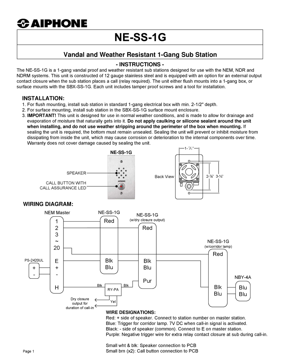 Aiphone NE-SS-1G warranty Vandal and Weather Resistant 1-Gang Sub Station, Instructions, Installation, Wiring Diagram 