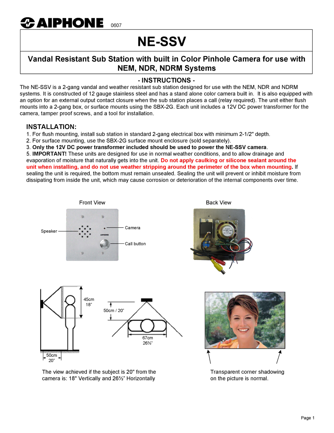 Aiphone NE-SSV manual Instructions, Installation 