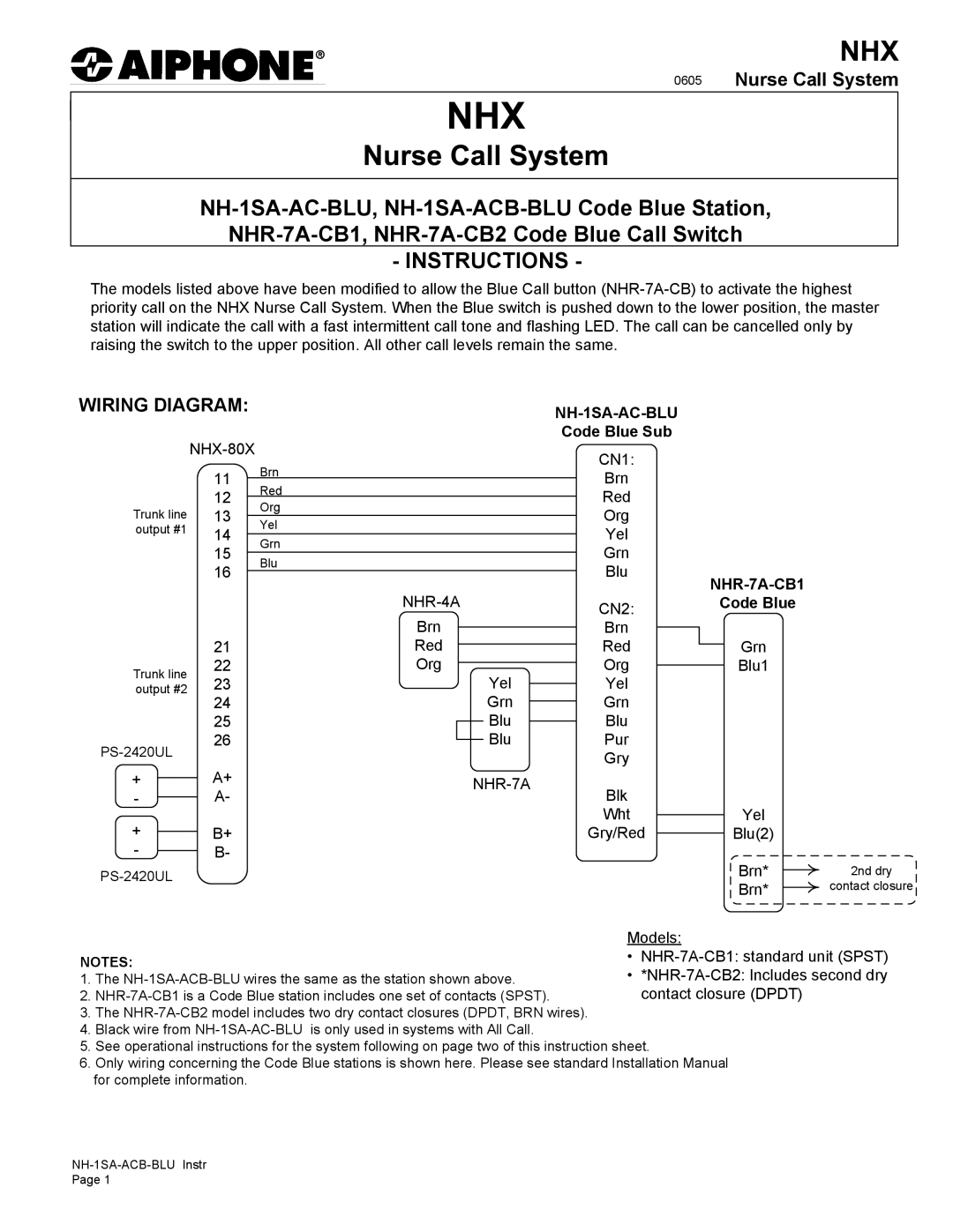 Aiphone NH-1SA-AC-BLU, NH-1SA-ACB-BLU instruction sheet Instructions, Wiring Diagram, NHR-7A-CB1 