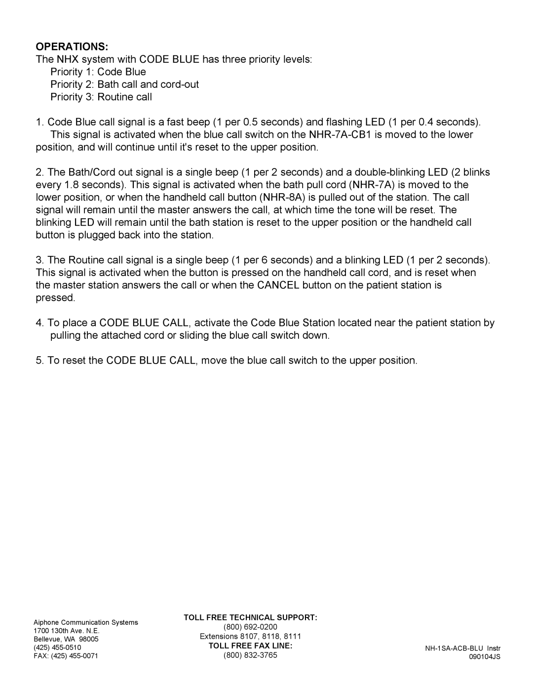 Aiphone NH-1SA-ACB-BLU, NH-1SA-AC-BLU instruction sheet Operations 