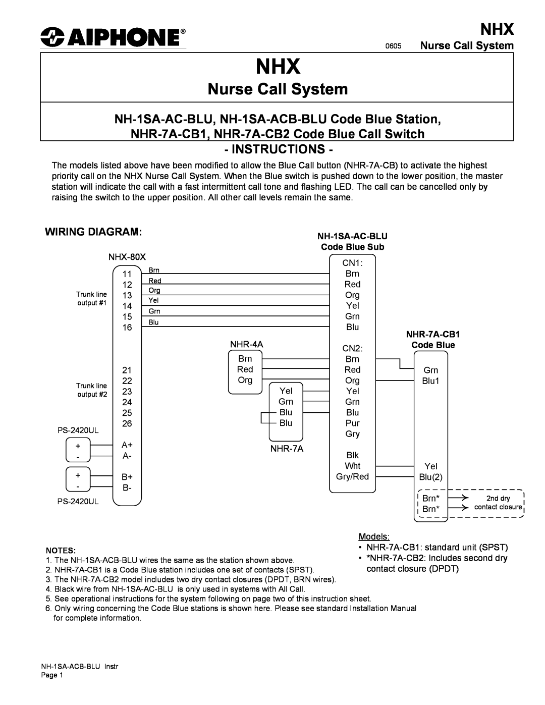 Aiphone instruction sheet Nurse Call System, Wiring Diagram, NH-1SA-AC-BLU, NH-1SA-ACB-BLU Code Blue Station 