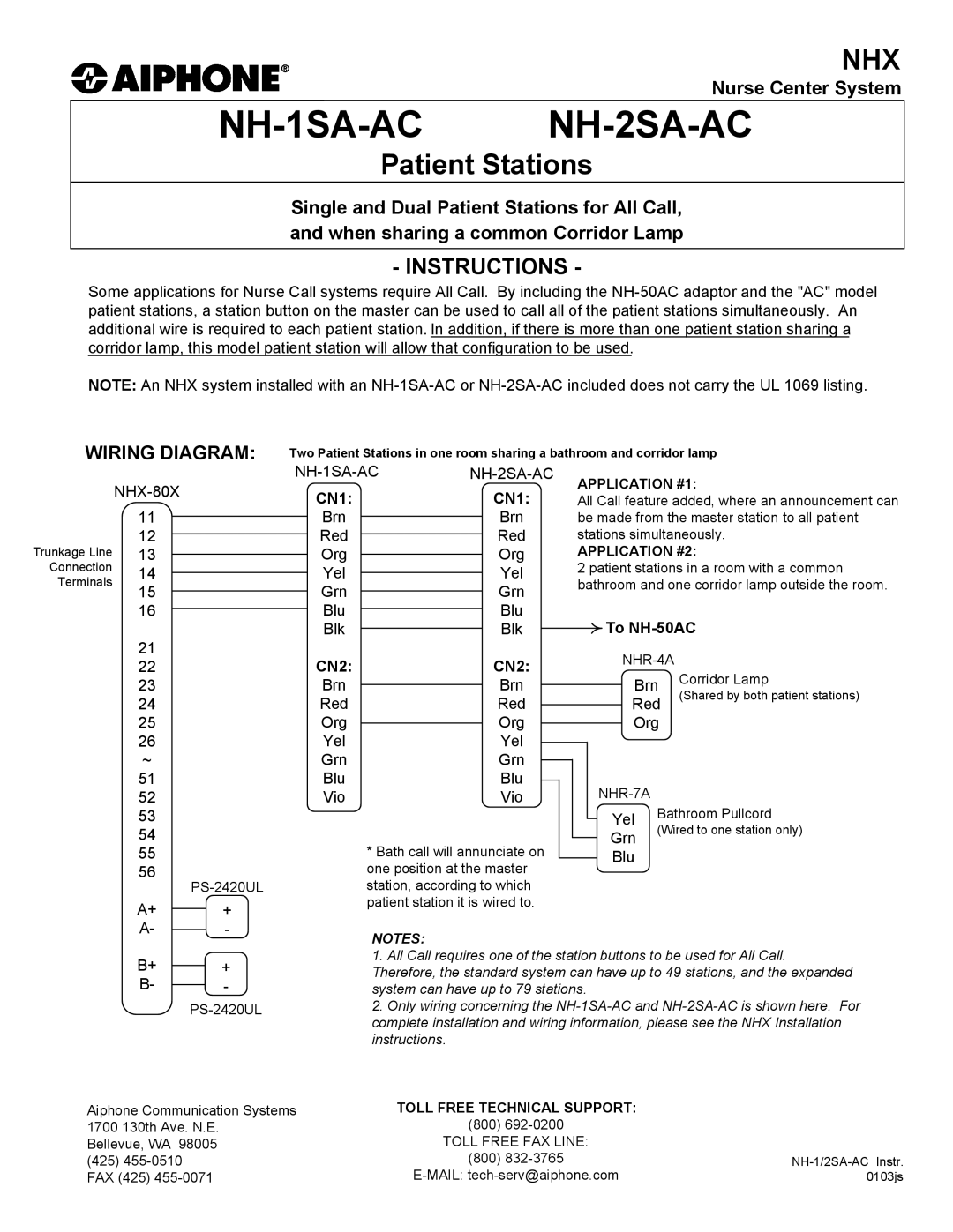 Aiphone NH-1SA-AC, NH-2SA-AC installation instructions Wiring Diagram, CN1, CN2, To NH-50AC 