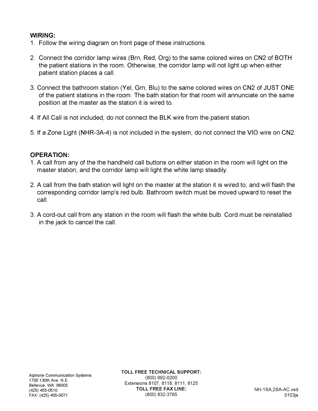 Aiphone NH-2SA-AC, NH-1SA-AC installation instructions Wiring, Operation, Toll Free FAX Line 