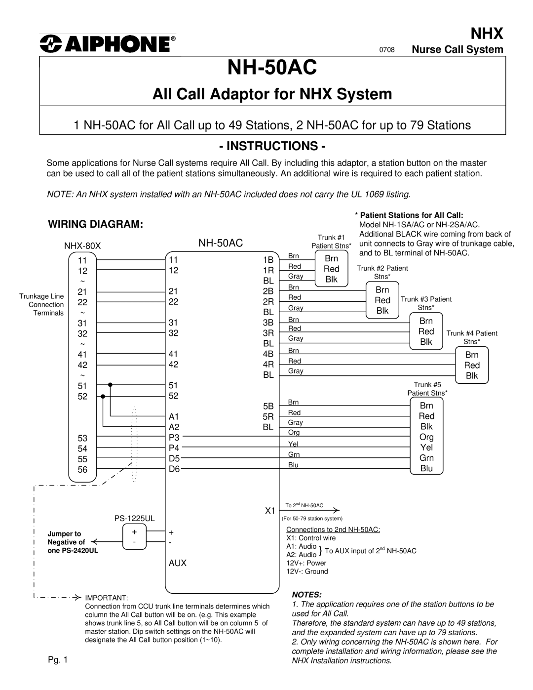 Aiphone NH-50AC installation instructions Wiring Diagram, Aux 