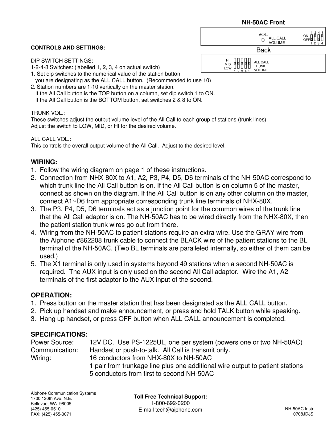 Aiphone NH-50AC installation instructions Back, Wiring, Operation, Specifications 