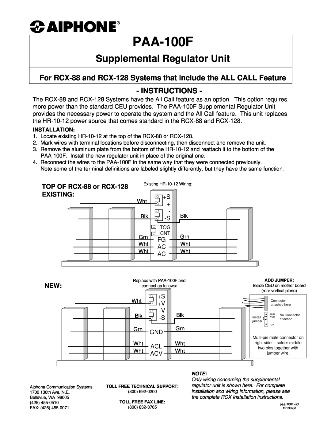 Aiphone PAA-100F installation instructions Supplemental Regulator Unit, Instructions, TOP OF RCX-88 or RCX-128, Existing 