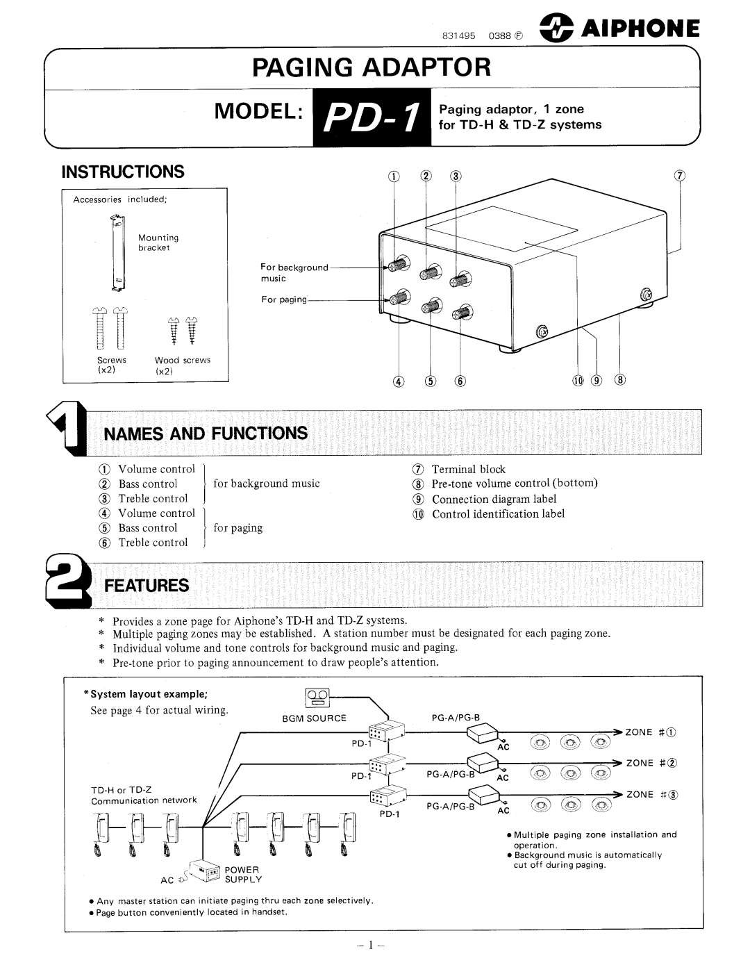 Aiphone PD-1 manual 