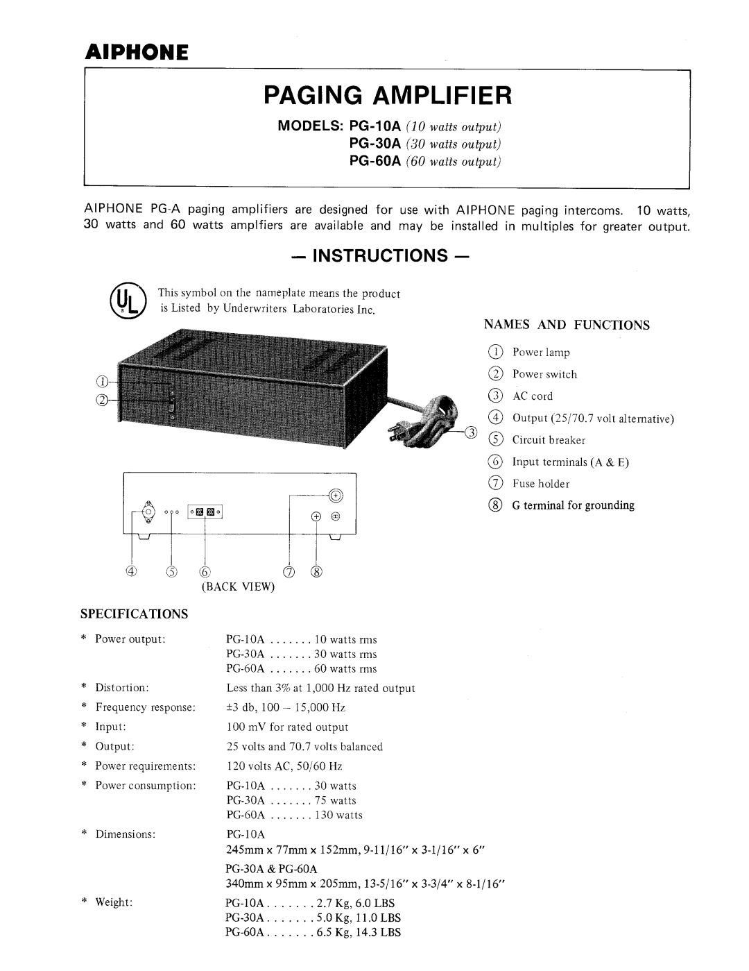 Aiphone PG-30A, PG-10A, PG-60A manual 