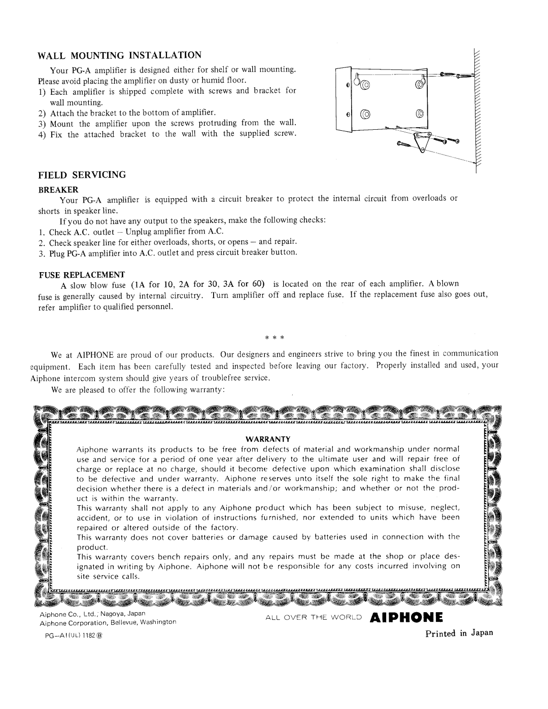 Aiphone PG-10A manual 
