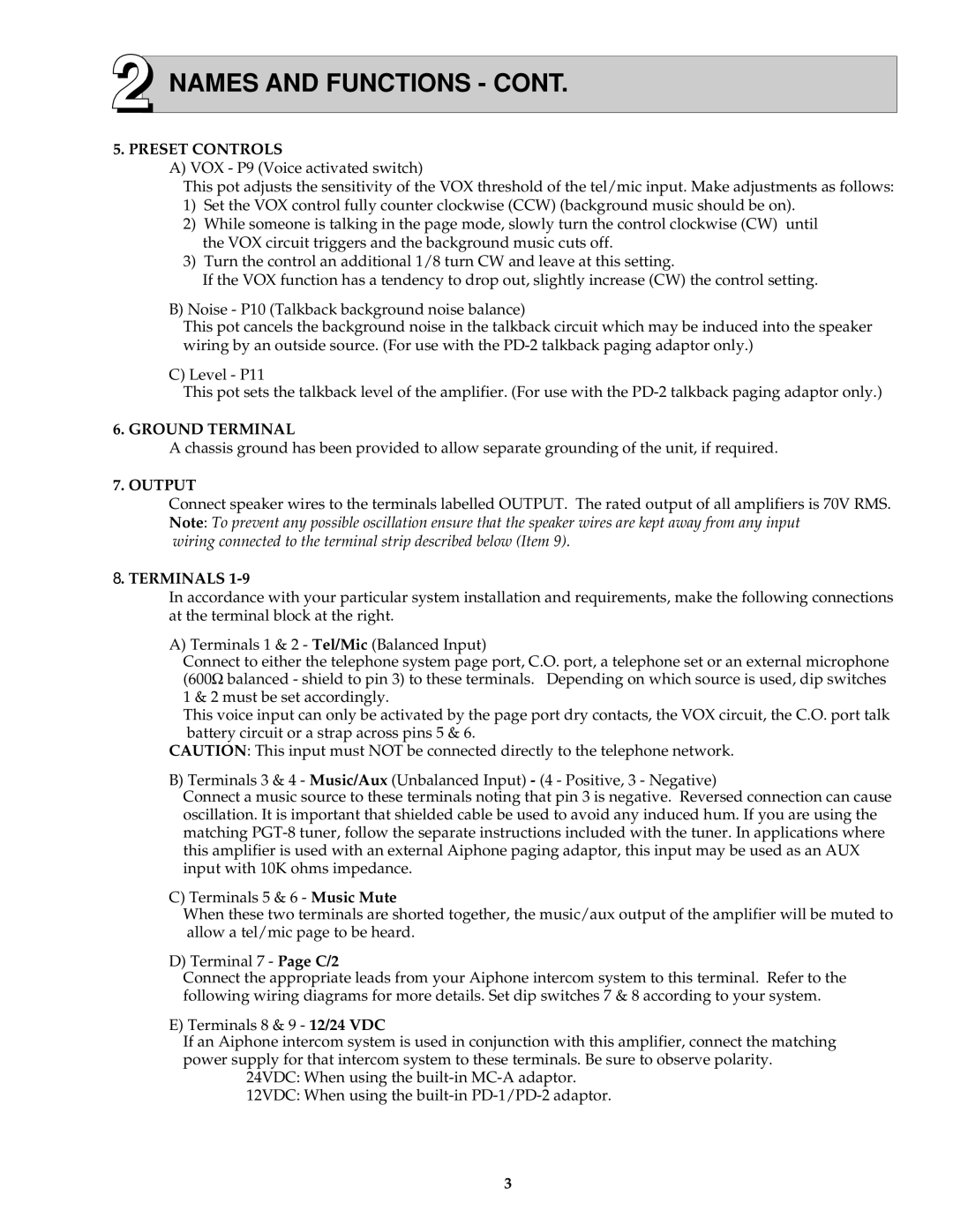 Aiphone PG-50C, PG-100C, PG-20C manual Preset Controls, Ground Terminal, Output, Terminals 