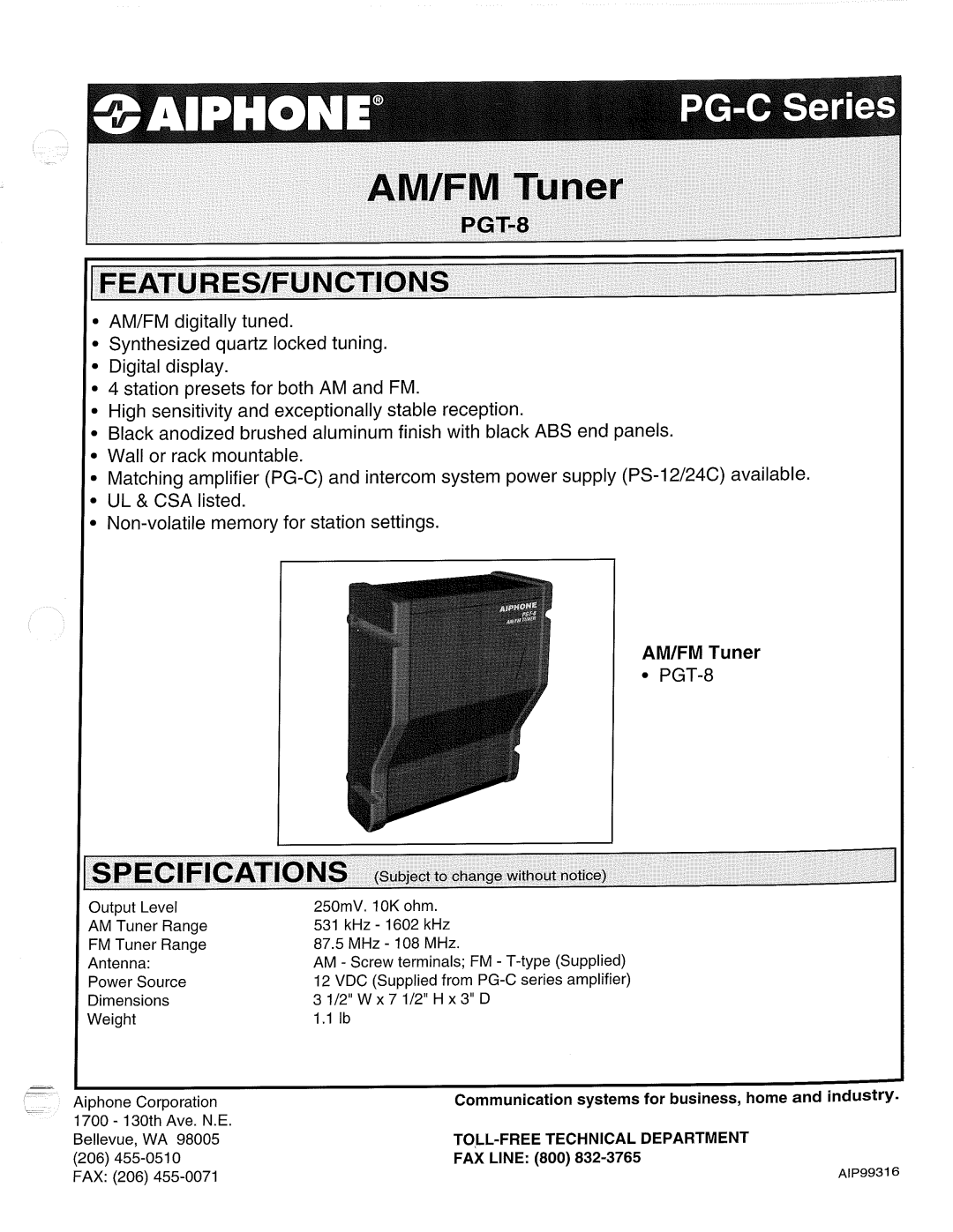 Aiphone PGT-8 manual 