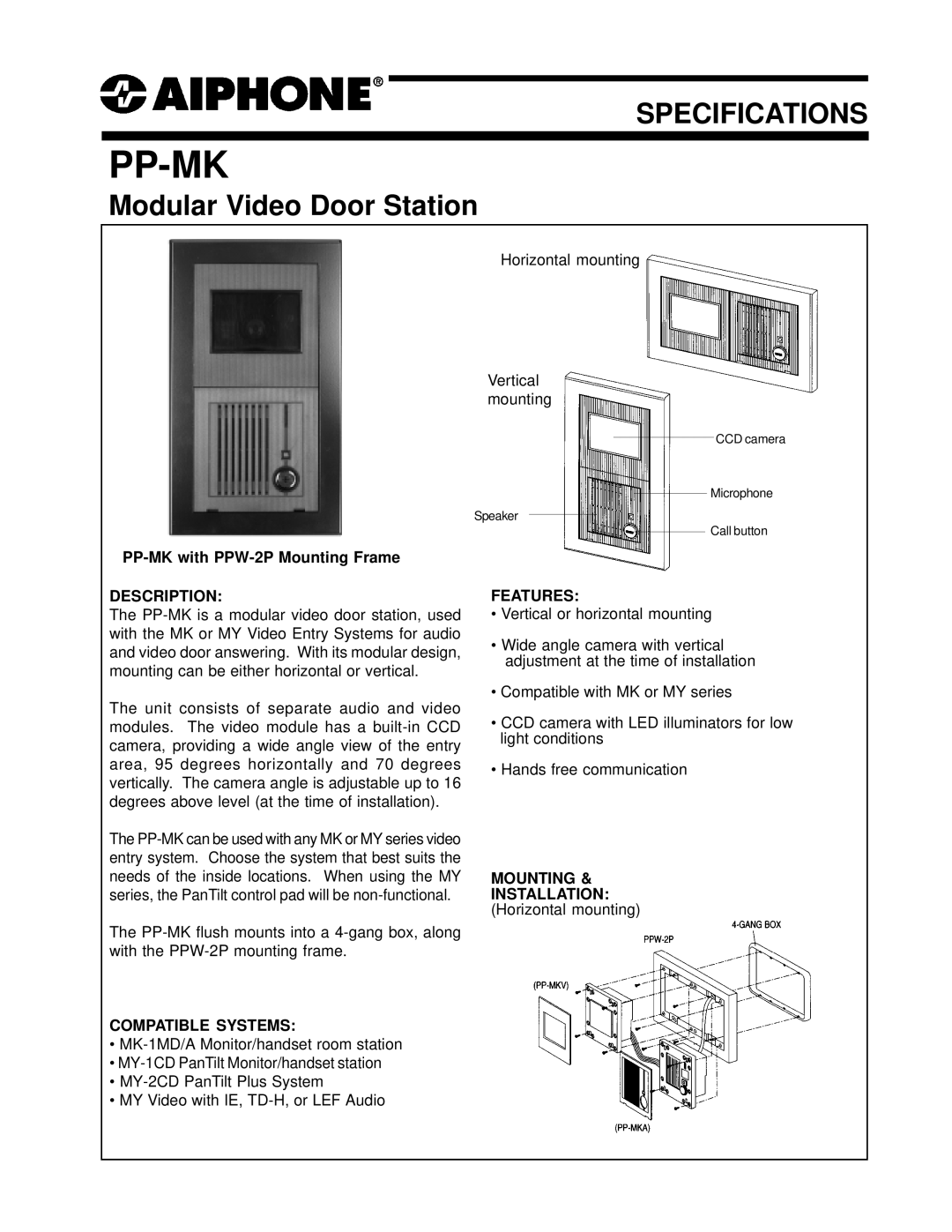 Aiphone PP-MK specifications Pp-Mk, Modular Video Door Station, Description, Compatible Systems, Features 