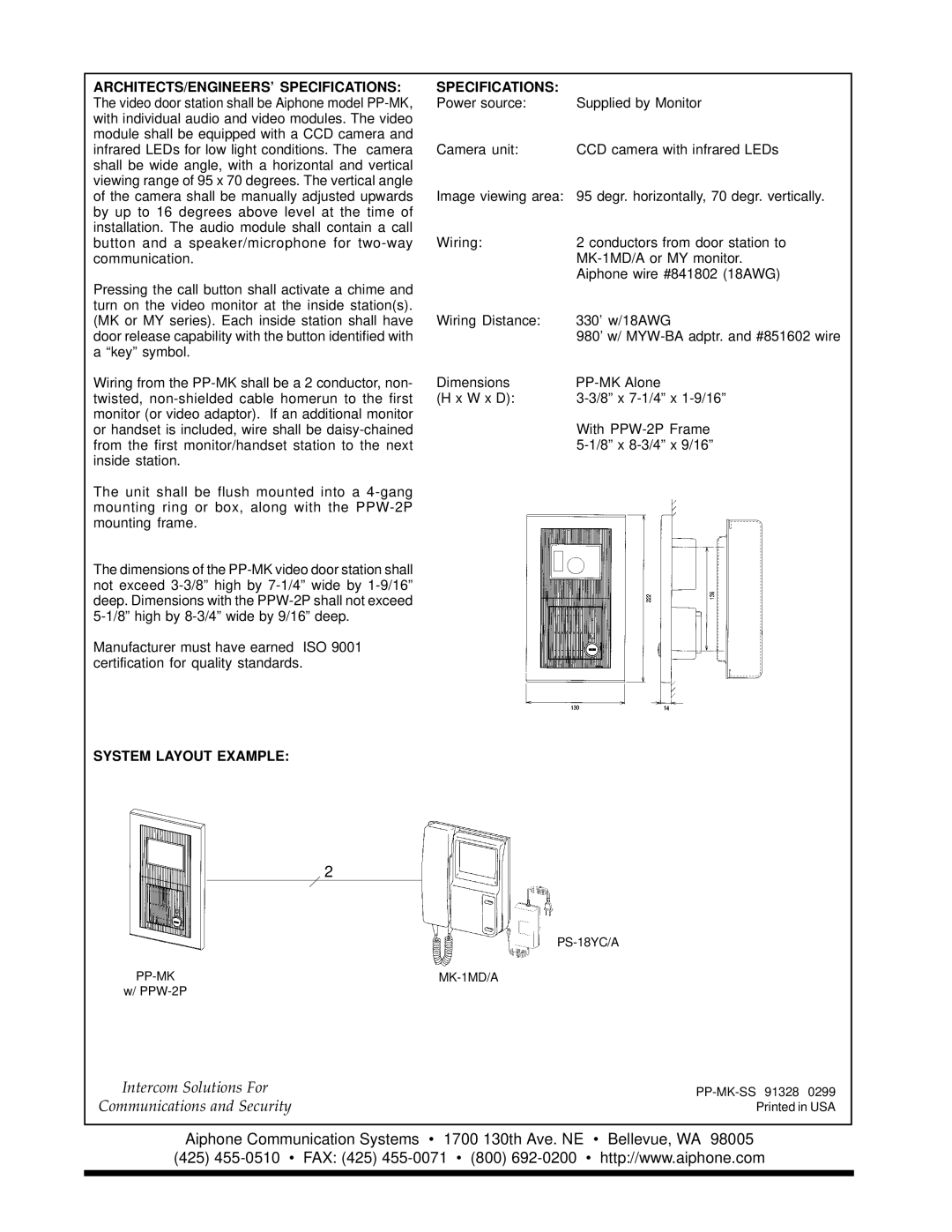 Aiphone PP-MK specifications ARCHITECTS/ENGINEERS’ Specifications, System Layout Example 