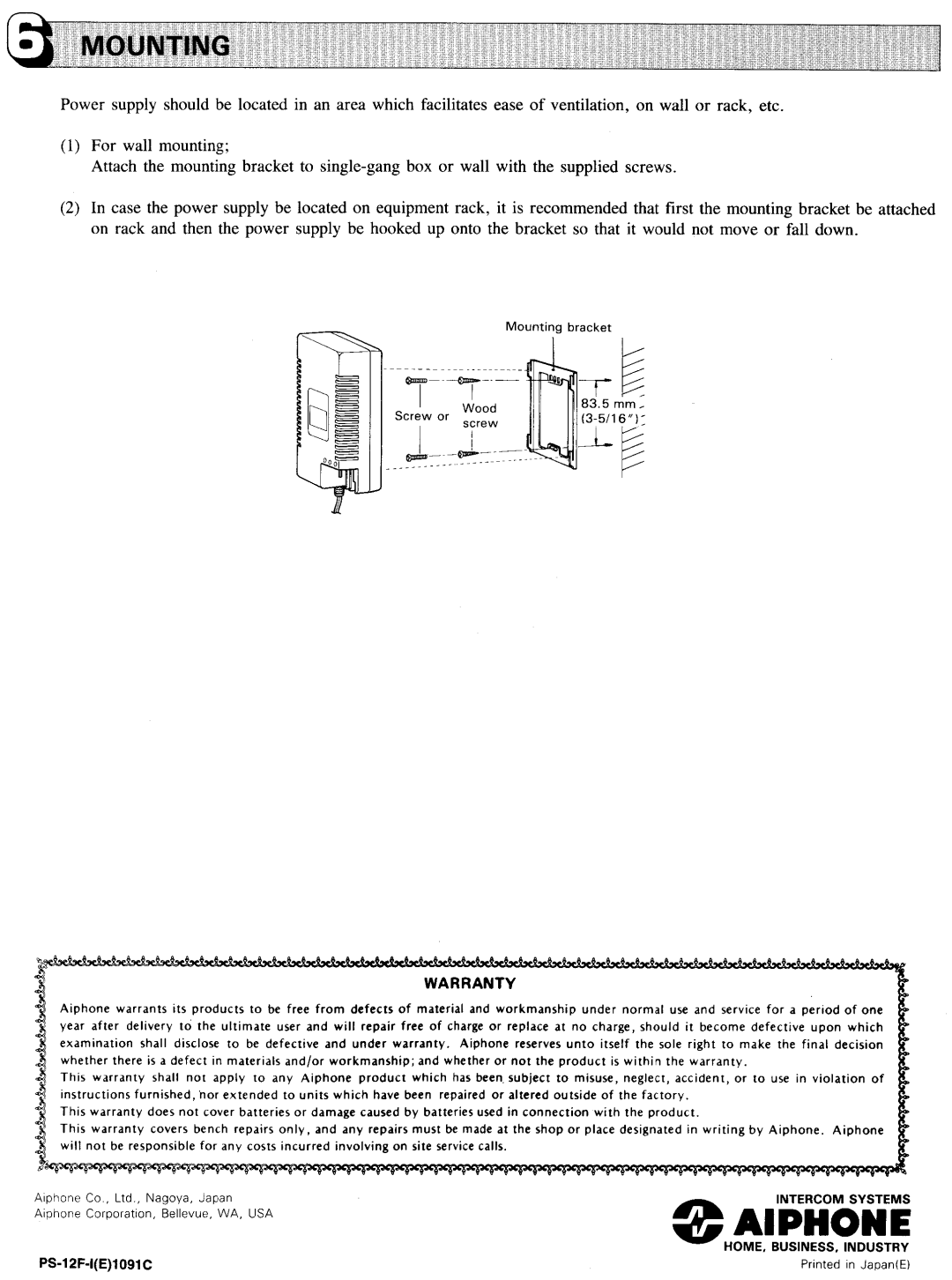 Aiphone PS-12F manual 