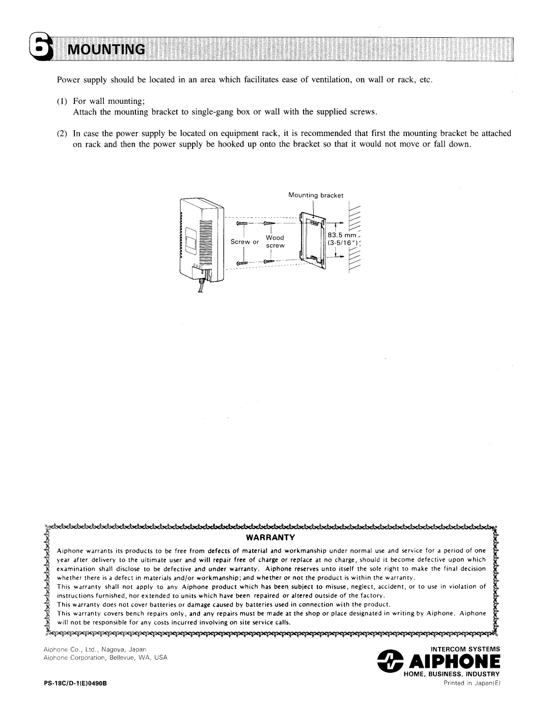 Aiphone PS-18D, PS-18C manual 