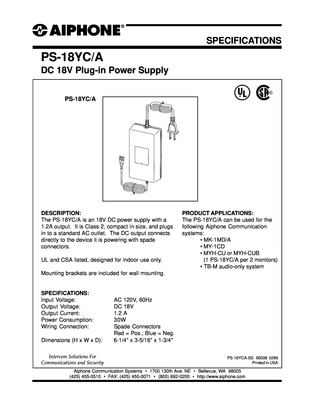 Aiphone PS-18YC/A specifications Specifications, DC 18V Plug-in Power Supply, Description, Product Applications 