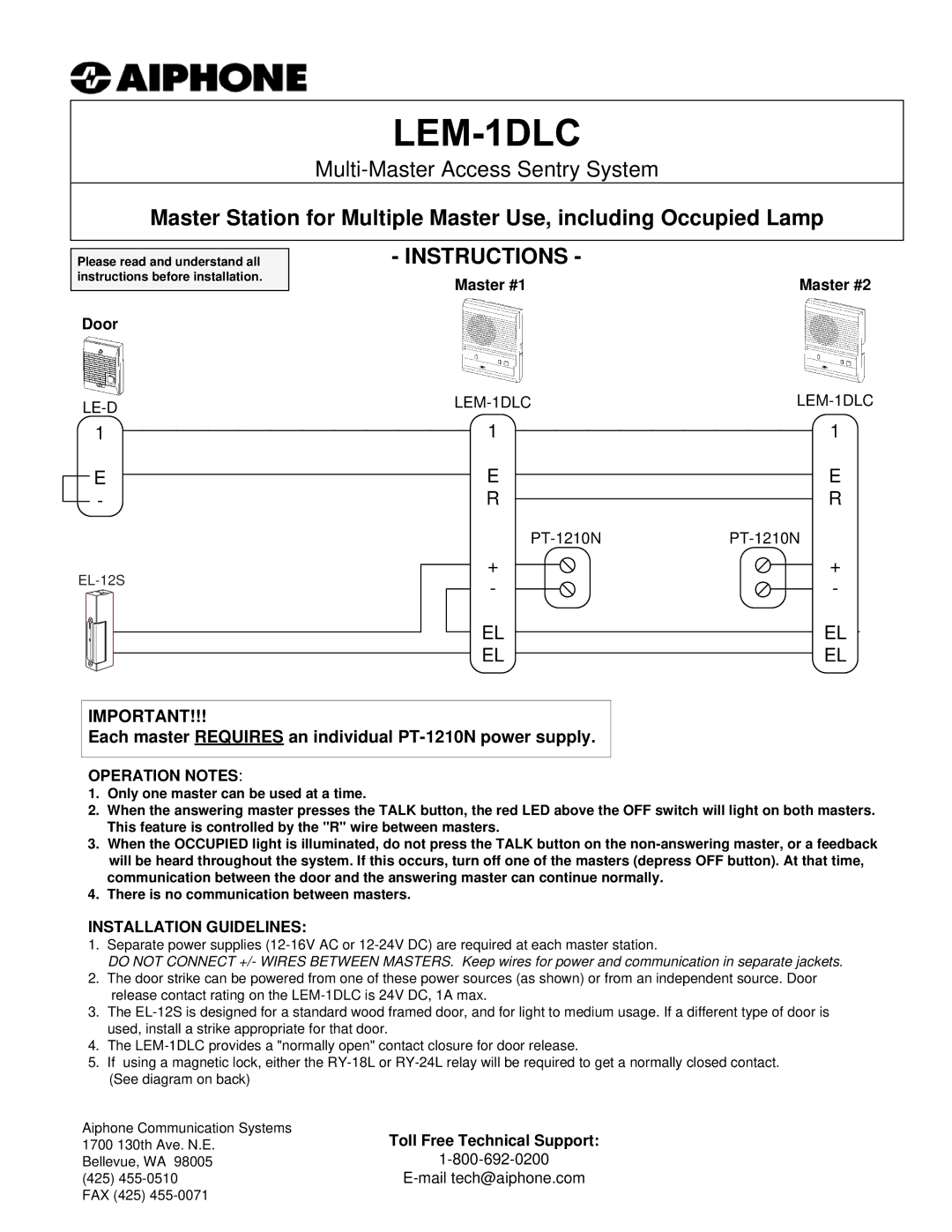 Aiphone PT-1210NPT-1210N manual Instructions, Each master Requires an individual PT-1210N power supply, Operation Notes 