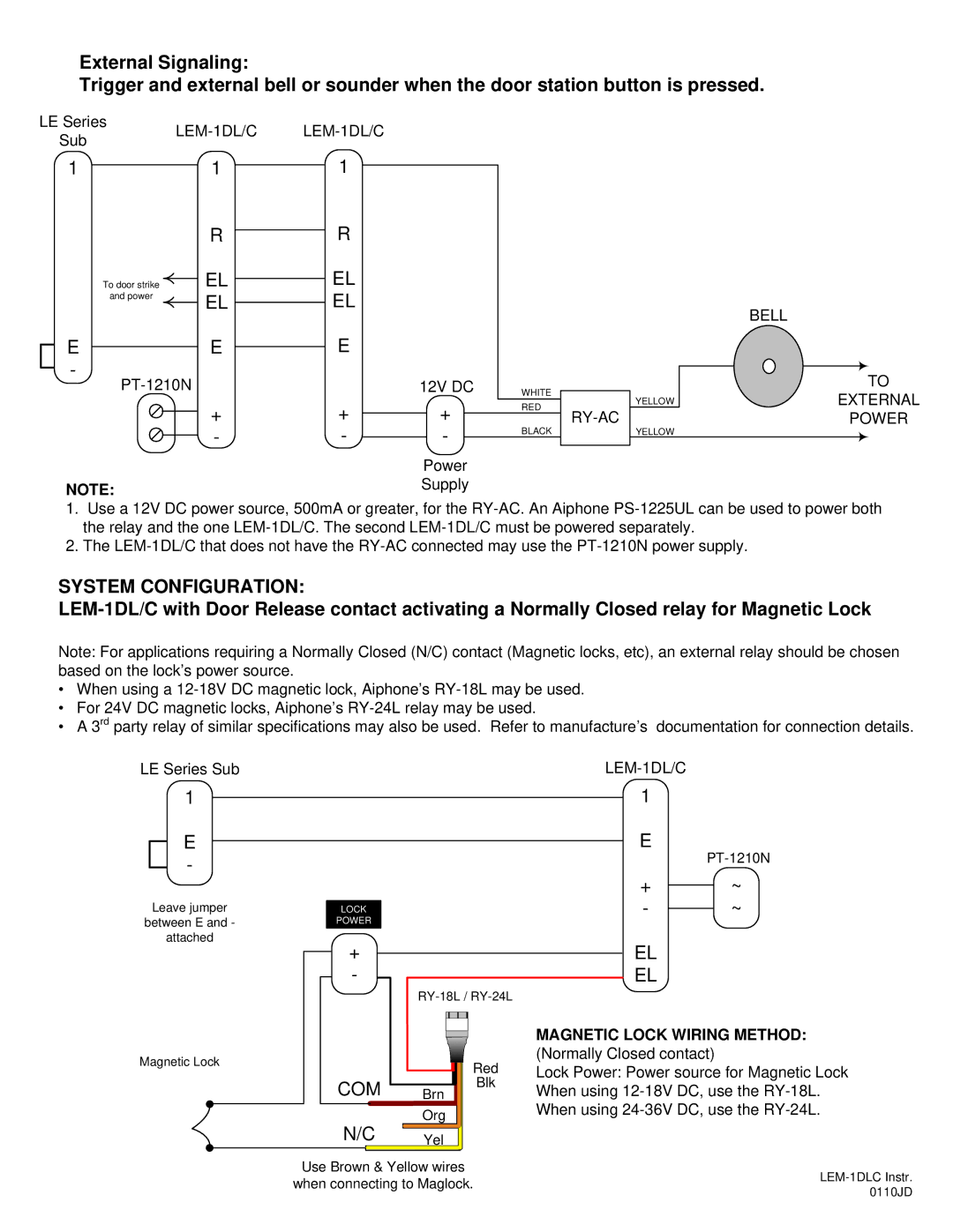 Aiphone PT-1210NPT-1210N manual System Configuration, Com, Magnetic Lock Wiring Method 