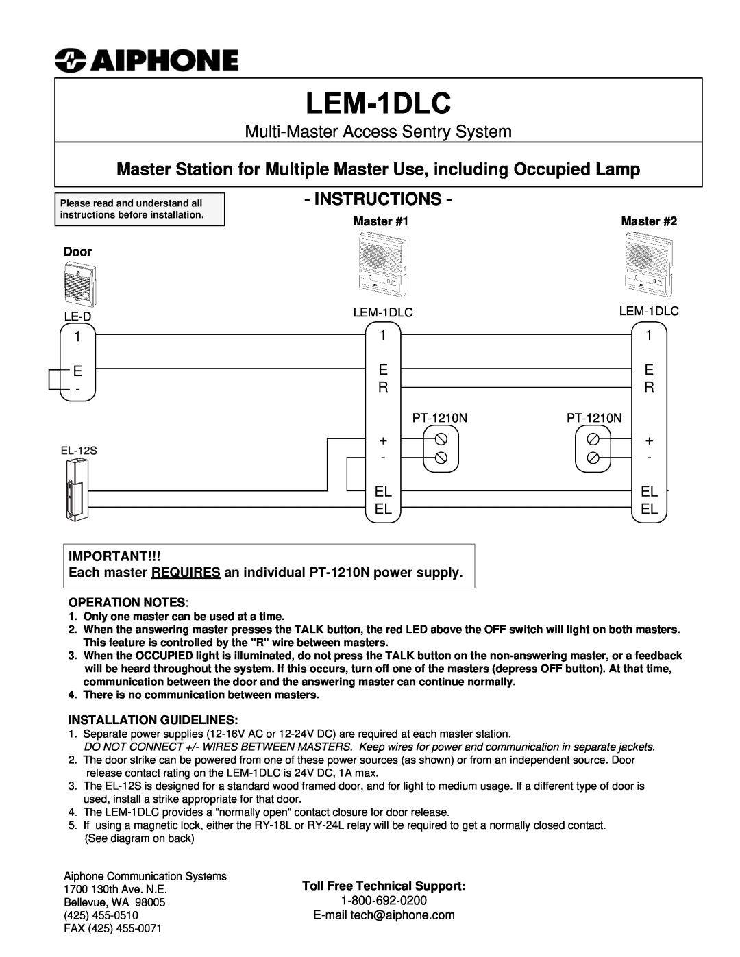 Aiphone PT-1210NPT-1210N manual Multi-MasterAccess Sentry System, Instructions 