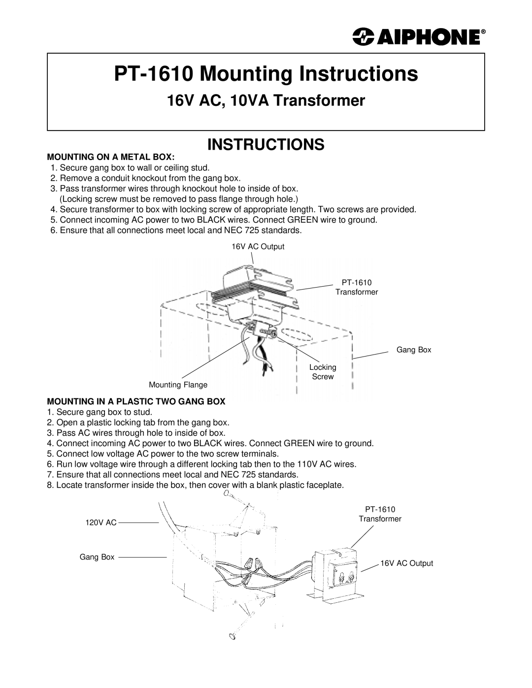 Aiphone manual PT-1610 Mounting Instructions, Mounting on a Metal BOX, Mounting in a Plastic TWO Gang BOX 