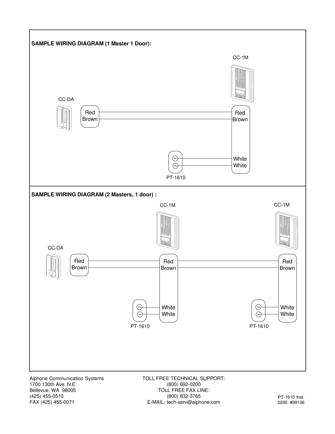 Aiphone PT-1610 manual Sample Wiring Diagram 1 Master 1 Door, Sample Wiring Diagram 2 Masters, 1 door 