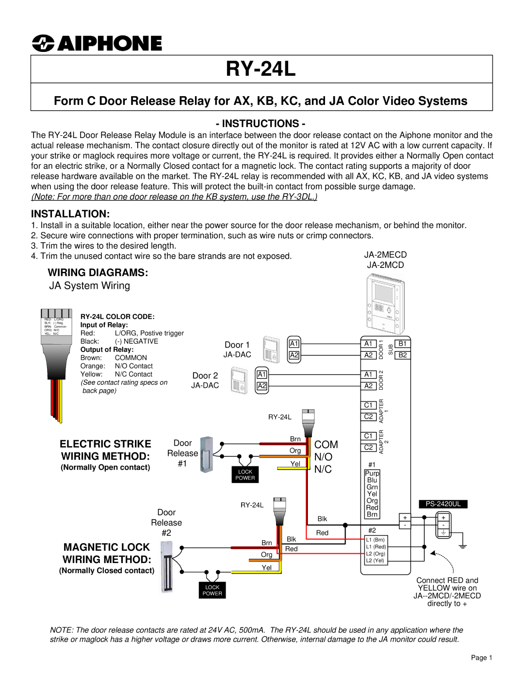 Aiphone RY-24L manual Instructions, Installation, Wiring Diagrams, Electric Strike, Wiring Method 