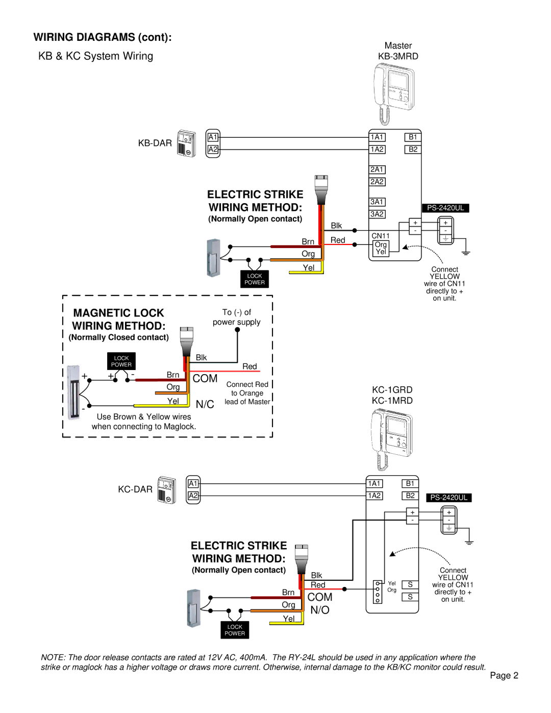 Aiphone RY-24L manual KB & KC System Wiring, Electric Strike Wiring Method 