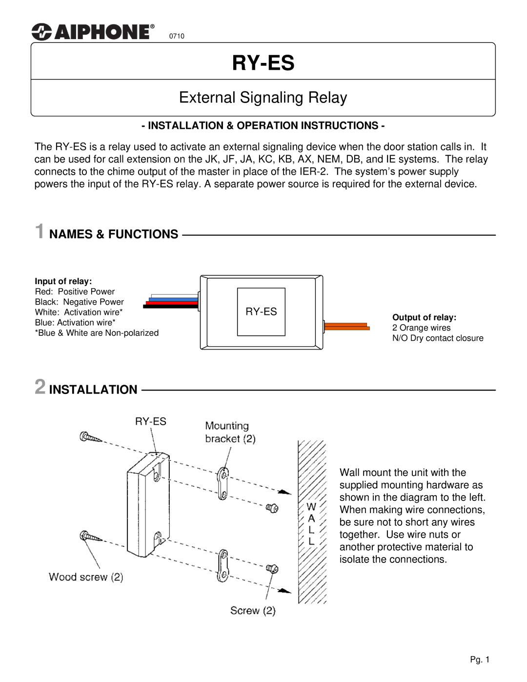 Aiphone RY-ES manual Names & Functions, Installation 