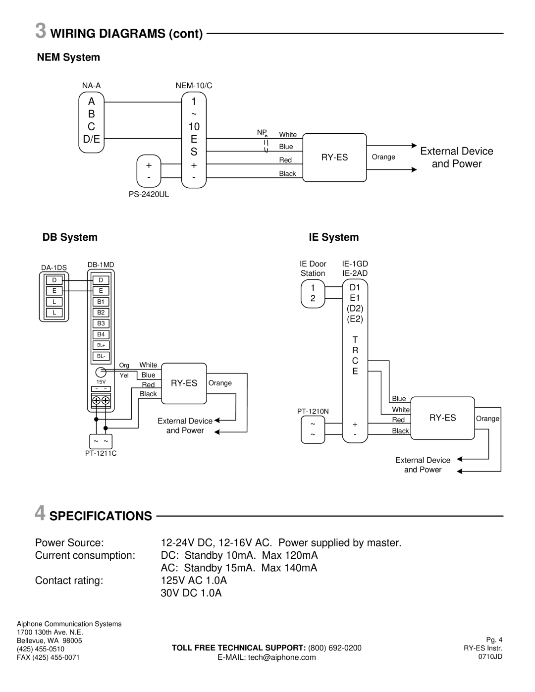 Aiphone RY-ES manual Specifications, NEM System, DB System IE System 