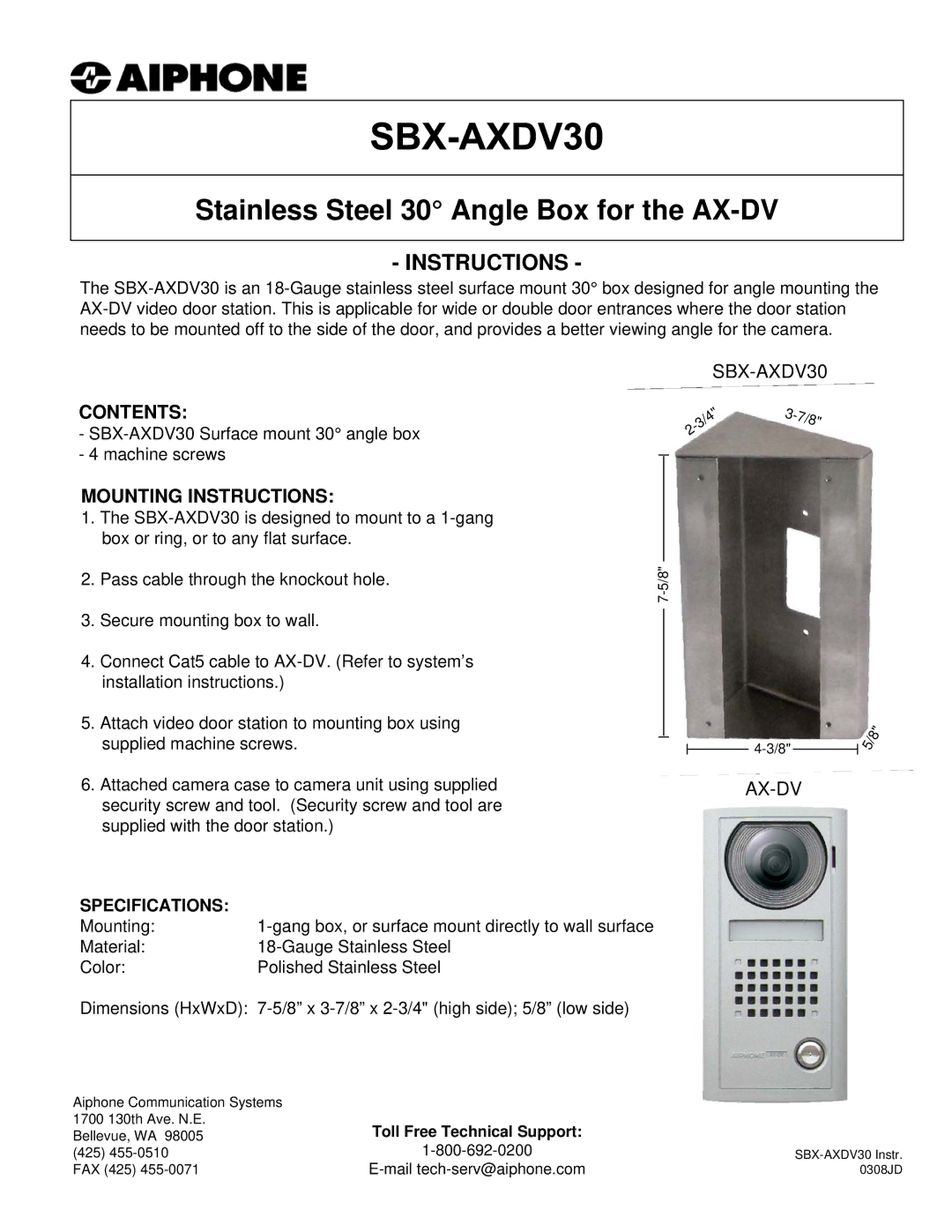 Aiphone SBX-AXDV30 installation instructions Stainless Steel 30 Angle Box for the AX-DV, Instructions, Contents 