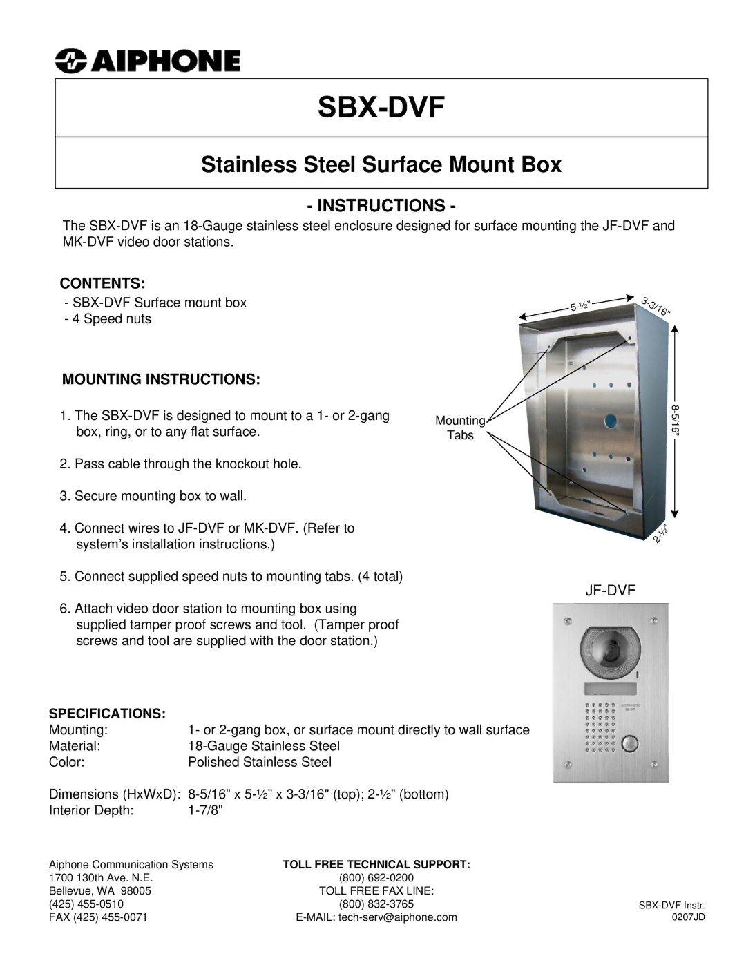 Aiphone SBX-DVF installation instructions Stainless Steel Surface Mount Box, Contents, Mounting Instructions, Jf-Dvf 