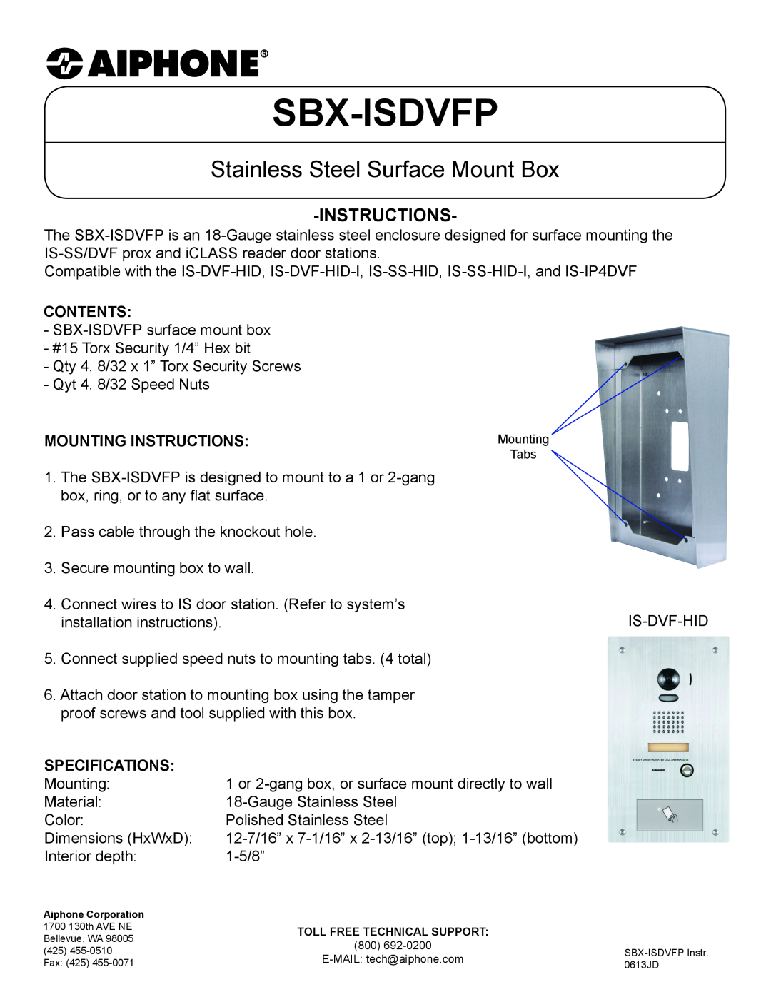 Aiphone SBX-ISDVFD installation instructions Sbx-Isdvfp, Stainless Steel Surface Mount Box, Instructions, Contents 