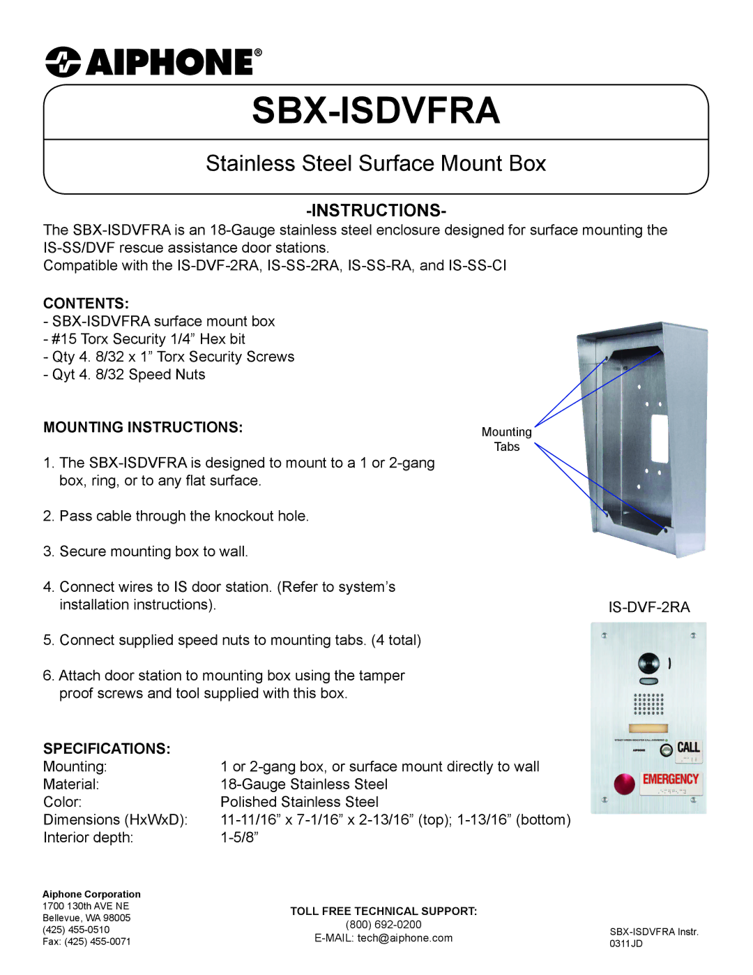 Aiphone SBX-ISDVFRA installation instructions Sbx-Isdvfra, Stainless Steel Surface Mount Box, Instructions 